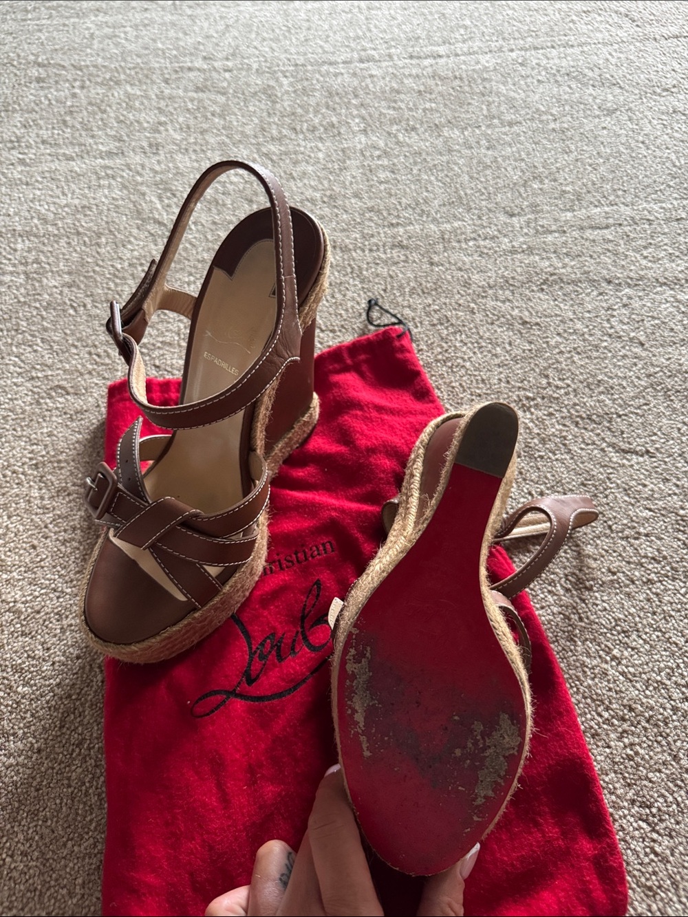 Christian Louboutin Brown Leather Espadrille Wedge Sandals with Red Sole